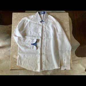 Mens Italian linen shirt white with blue trim.